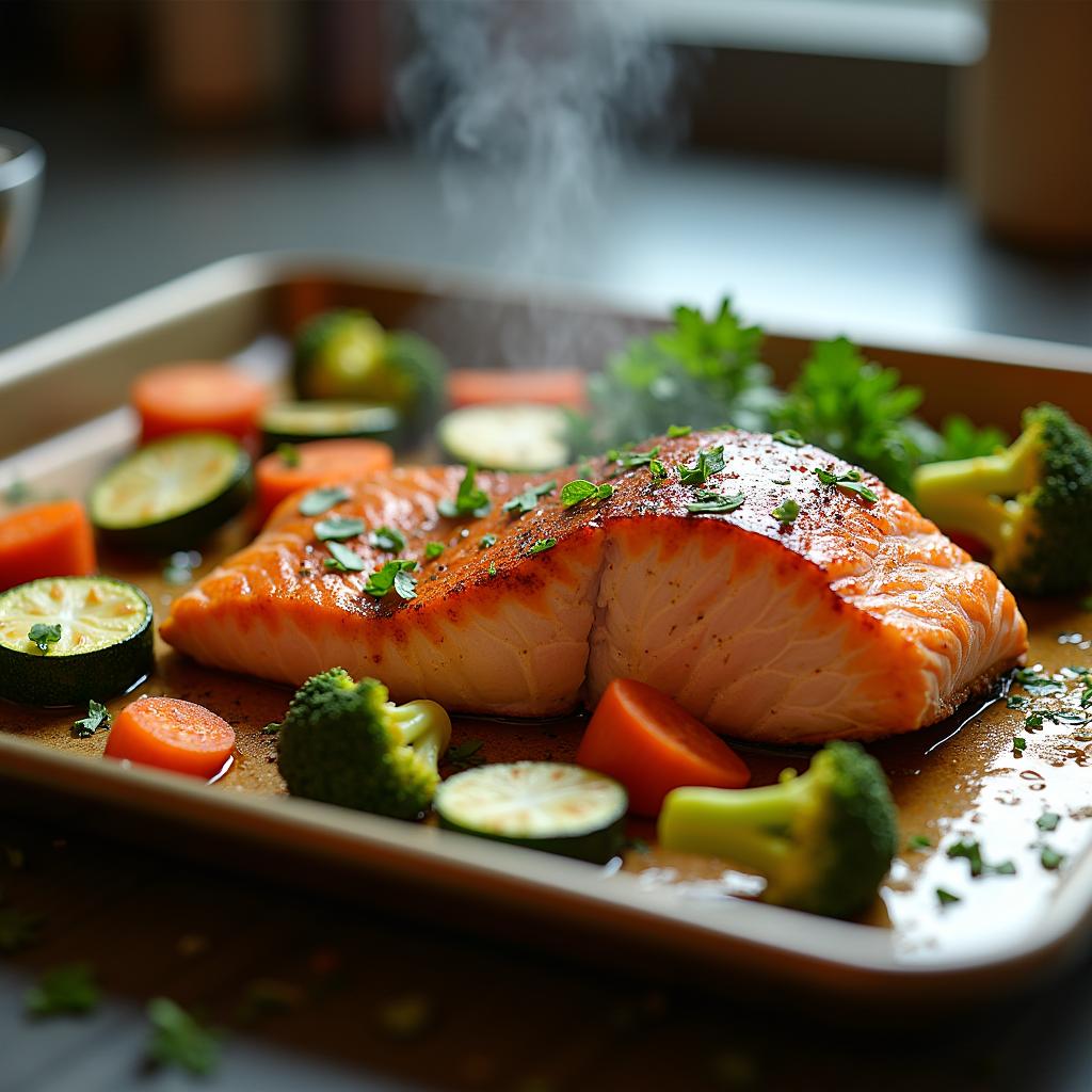 Gebratener Lachs mit geröstetem Gemüse